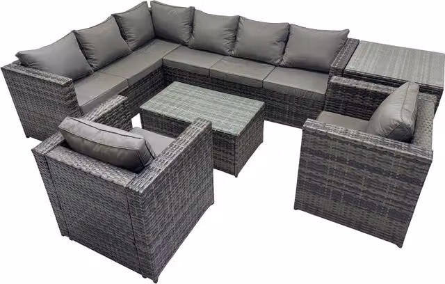 Fimous 8-Seater L-Shape Outdoor Rattan Corner Sofa Set with Coffee Table in Dark Grey Mixed