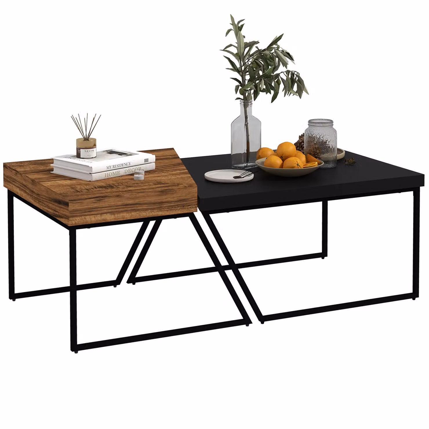 HOMCOM Industrial Geometric Coffee Table Set of 2 in Brown and Black – 2