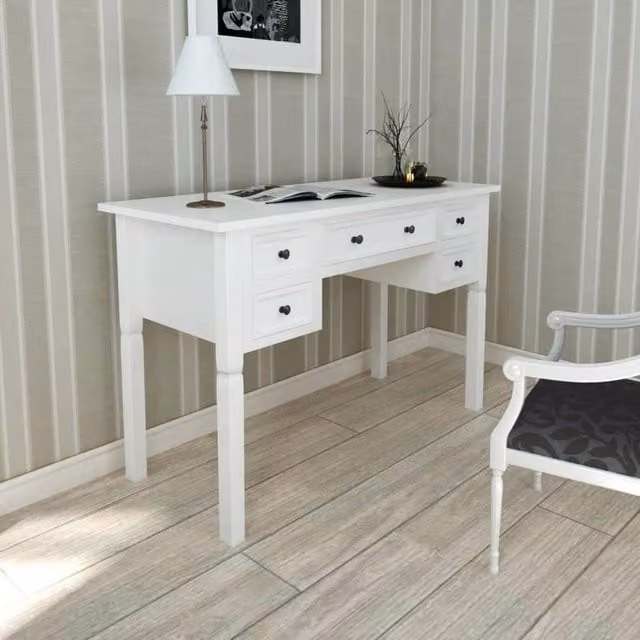Berkfield Home White Lacquered Writing Desk with 5 Drawers