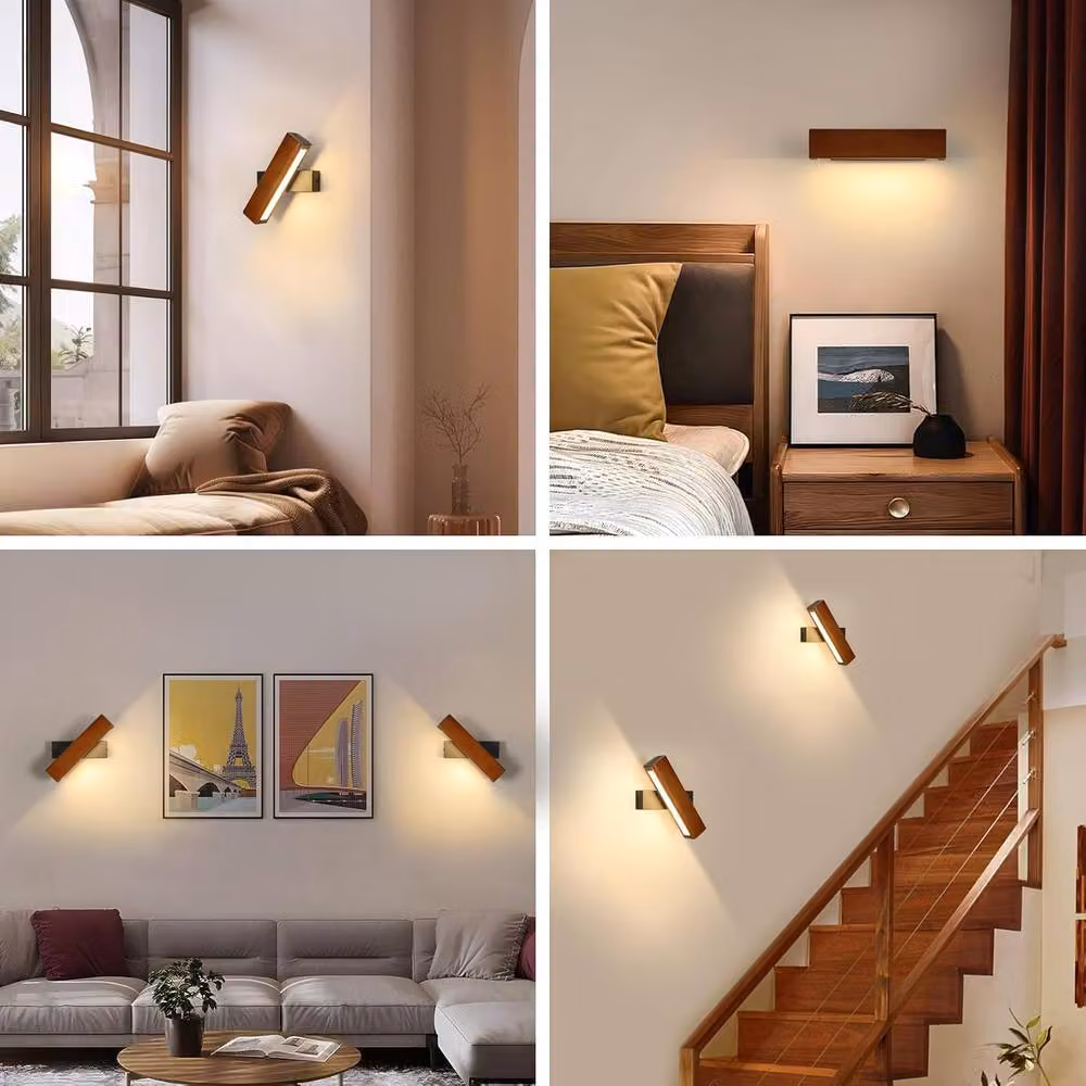 Goeco Wooden LED Wall Light in Black with 350 Degree Adjustable Rotation and 3000K Warm White Light – 6