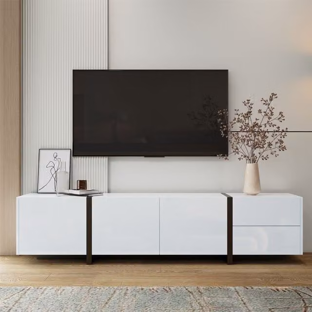 Matteo Modern High-Gloss Black and White Wood TV Unit with Integrated Lighting and Media Compartments – 1