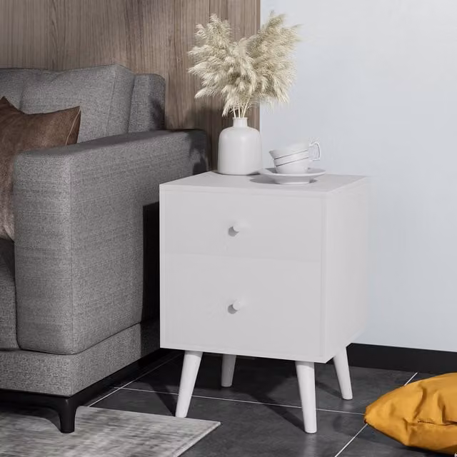 Costway Modern 2-Drawer Bedside Table in White