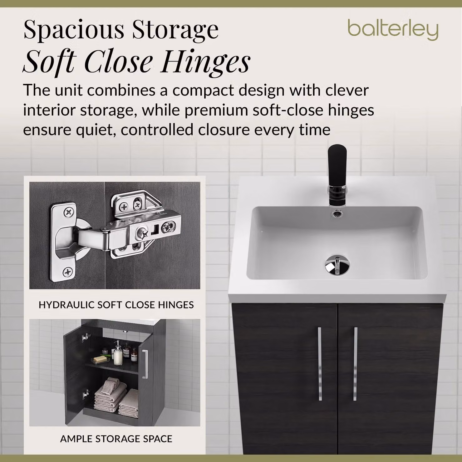 Balterley Modern Black Wood Freestanding Bathroom Vanity Basin Unit with Soft Close Hinged Doors and Chrome Handles W: 50 cm, H: 84 cm, D: 50 cm – 3