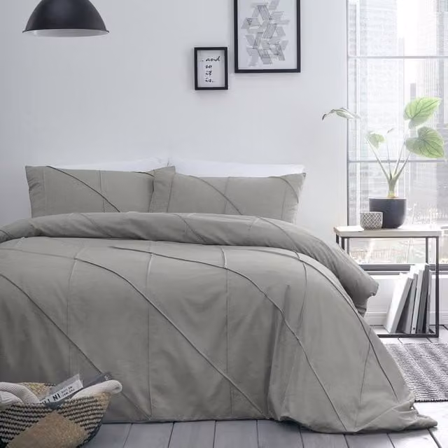 Serene Dart Pleated Boutique Cotton and Linen Duvet Cover and Pillowcase Set, Grey, W/D/H: 140 x 200 cm