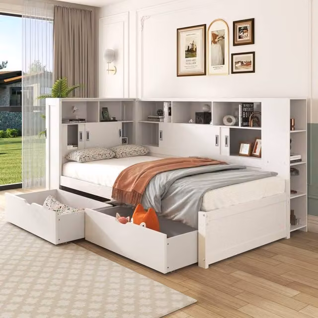 BTM White 3ft Platform Bed with Trundle, Bookcase, Drawers and USB Charging Ports, W/D/H: 90 x 190 x 122.5 cm – 1
