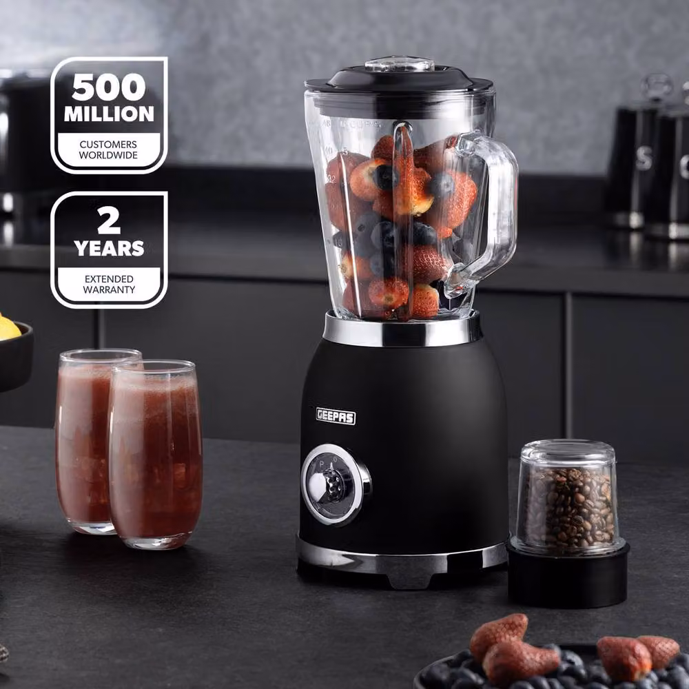 Geepas Retrovive 2-in-1 Food Jug Blender and Coffee Grinder Mill, 800W, 1.5L Glass Jar, Black – 2
