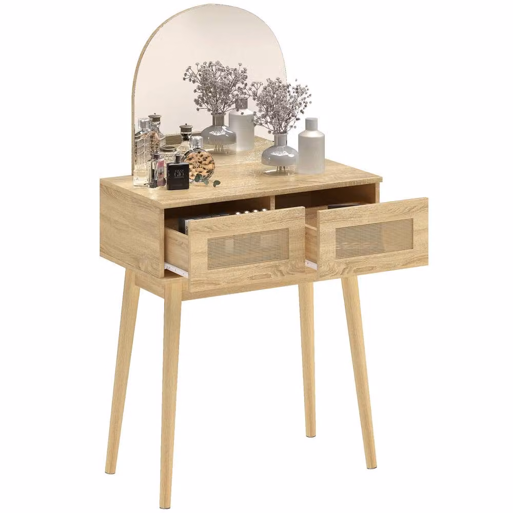 HOMCOM Modern Rattan Dressing Table with Mirror in Brown and Beige, W/D/H: 130.0 x 43.5 x 76.0 cm – 2
