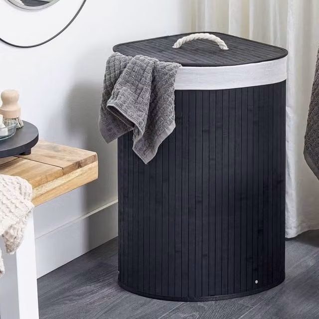 Wyld and Coco Black Bamboo Triangular Storage Basket with Lid and Handles