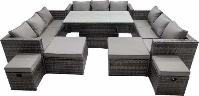 Fimous Rattan Outdoor Dining Set with Sofa and 4 Stools in Dark Grey, 13 Seater