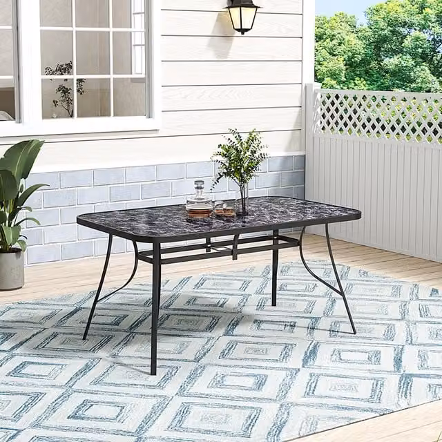 Lifeideas Black Marble Effect Rectangular Garden Coffee Table with Tempered Glass and Metal Frame, Width: 90 cm