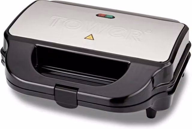 Tower 3-in-1 Snack Maker with Removable Ceramic Non-Stick Plates and Auto Shut-Off, 900W, Silver and Black