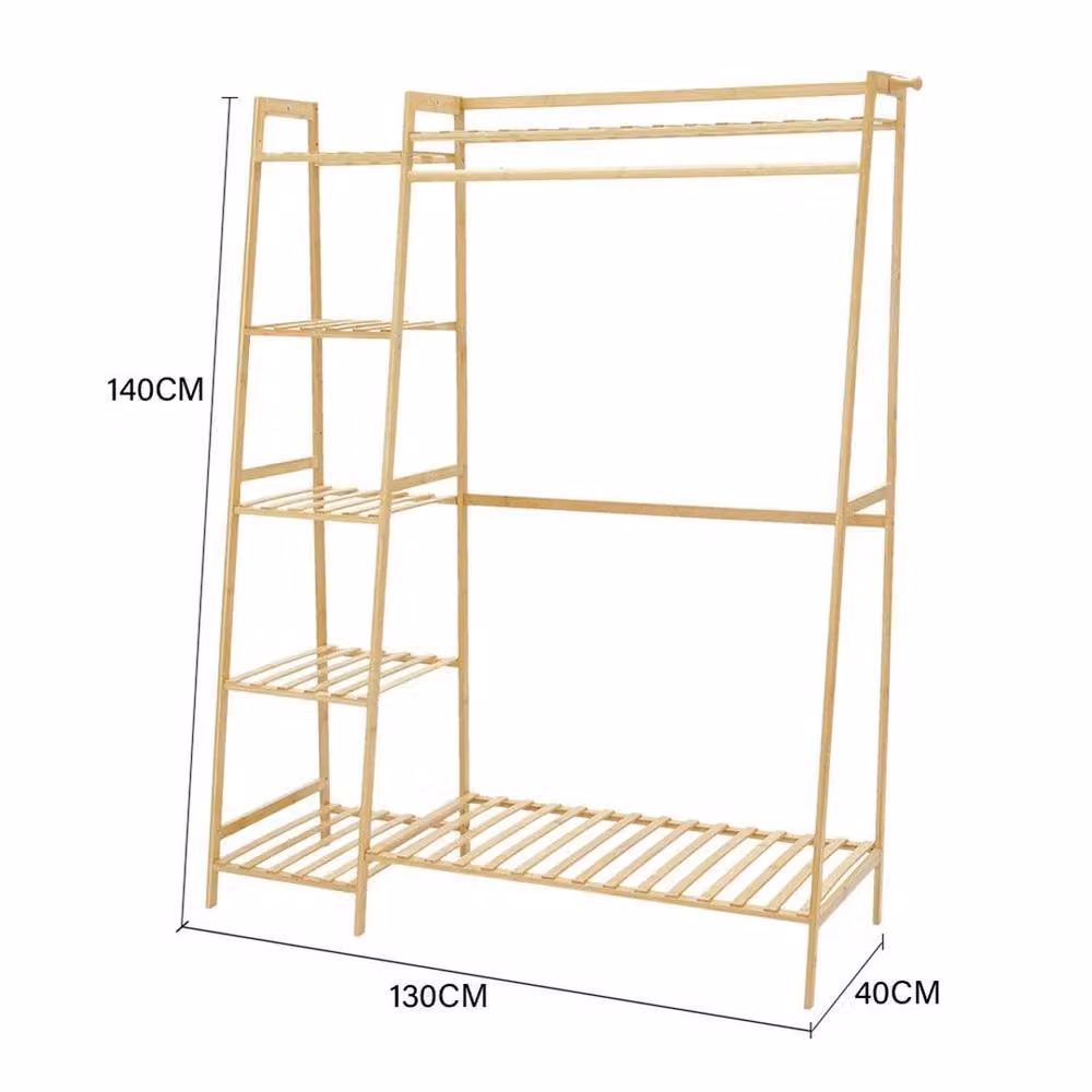 EONLION Bamboo Single Rod Clothes Rail in Light Oak Brown – 2