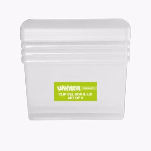Wham 4 Pack 62L Rectangular Stackable Plastic Storage Boxes with Lids, Transparent