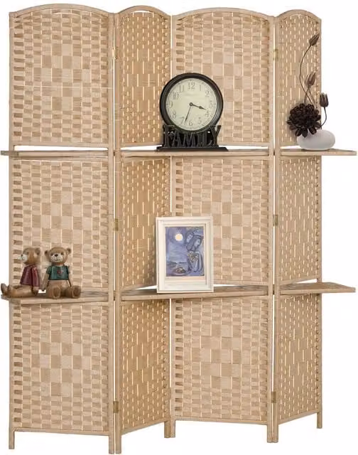 HOMCOM Freestanding Boho Privacy Screen in Beige with Rattan and Pine Wood, W: 160 cm, H: 170 cm – 1