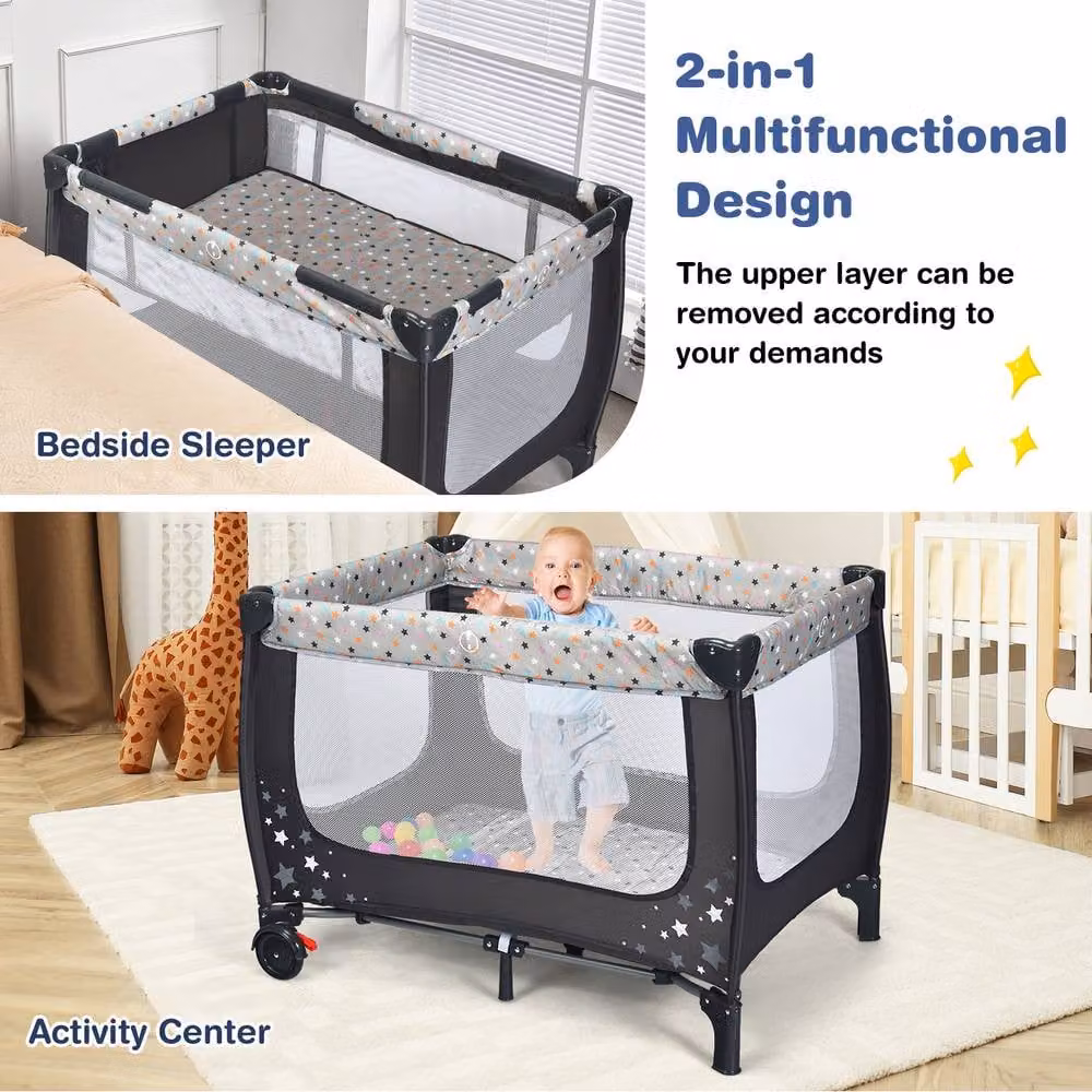 Costway 2-in-1 Foldable Baby Playpen and Bassinet Bed Activity Centre with Mattress in Grey and Multicolour – 6