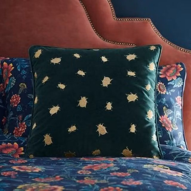 Wedgwood Firefly Square Velvet Filled Cushion in Green and Gold