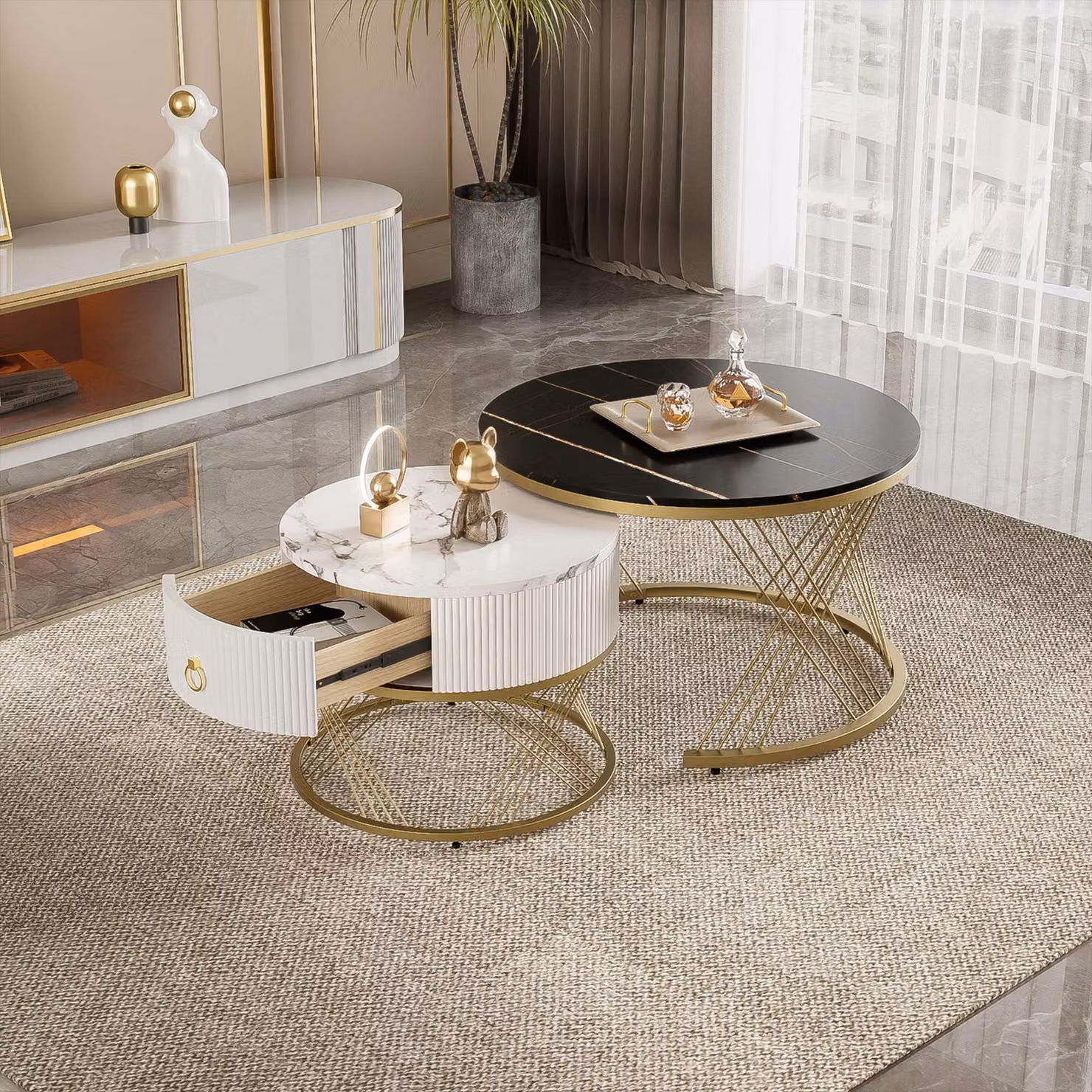 Aosom.UK Elegant Nesting Coffee Table Set with Marble Look and Gold Decor in Black, W/D/H: 70 x 70 x 45 cm and 50 x 50 x 40 cm – 3