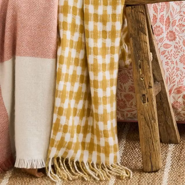 Laura Ashley Knapton Geometric Throw with Fringes, Yellow, W: 130 cm, D: 170 cm