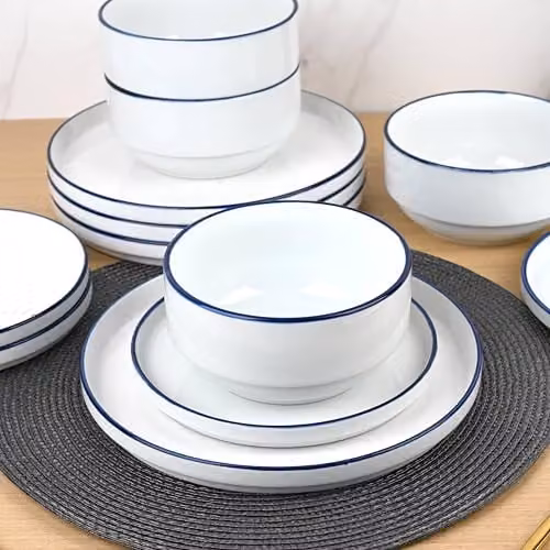 Waterside 12-Piece Porcelain Dinner Set in White and Blue