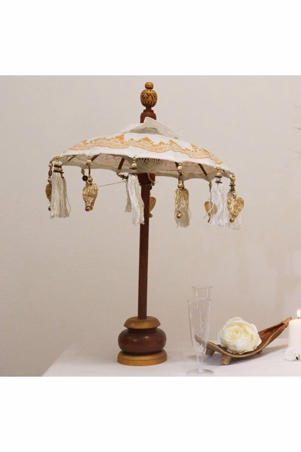 KDMD Bali Home Decor Parasol, Handcrafted Round White Canvas with Gold Accent, Diameter: 40 cm – 2