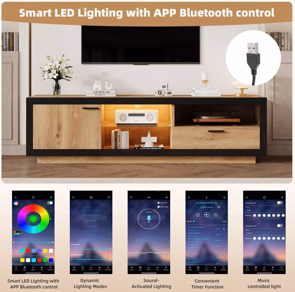 STILVORA Modern TV Stand with Drawer, Cabinet and LED Lights in Brown, W/D/H: 160 x 40 x 50 cm – 6