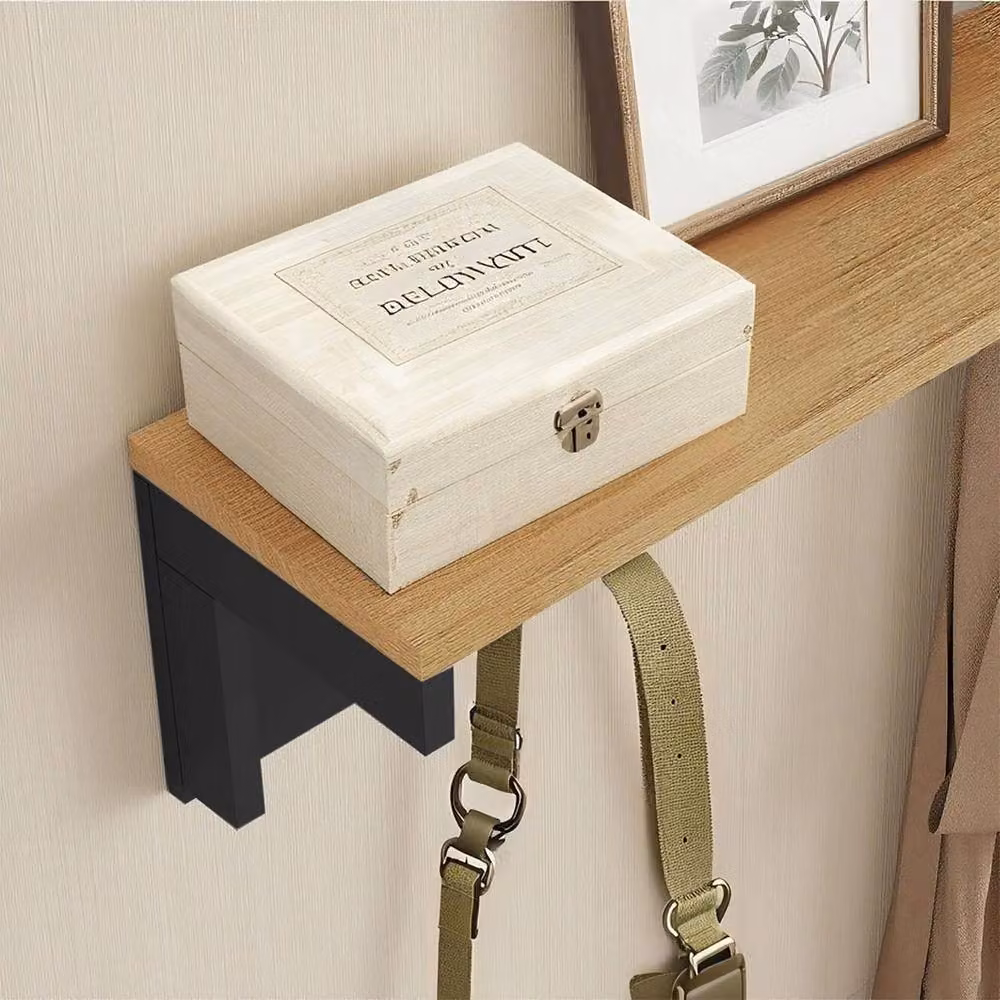 Kelvenix Black Wall Mounted Coat Rack Shelf with Wood Panel, W: 80 cm, H: 18 cm, D: 14 cm – 4