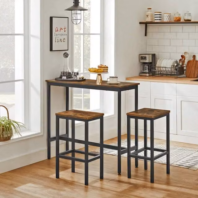VASAGLE Rustic Bar Table and 2 Stools Dining Set in Bronze, Brown and Black