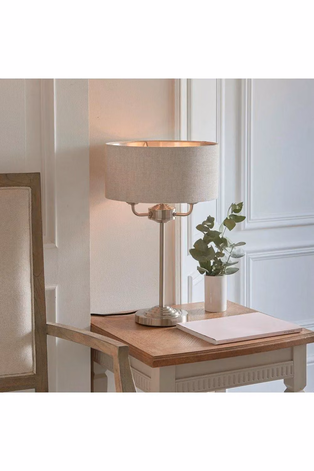 Netlighting Highclere Table Lamp with Brushed Chrome Plate and Grey Natural Linen Shade – 2