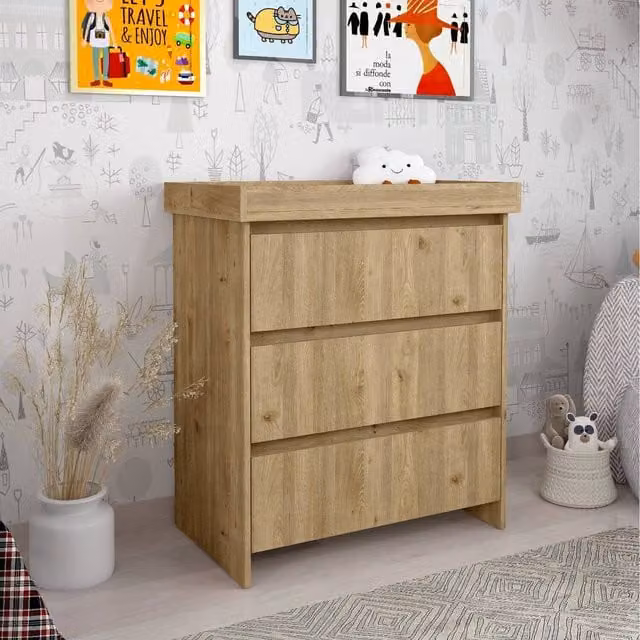 Shefa Kids Classic Baby Changing Dresser with 3 Drawers in Cremona Oak