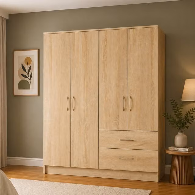 Venice Oak 4 Door Wardrobe with 2 Integrated Drawers in Brown and Beige