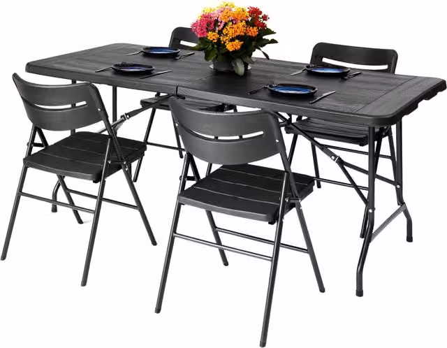 Novecrafto 6ft Folding Table and 4 Folding Chairs Set in Black with Powder Coated Steel Frames and Plastic Surfaces – 1