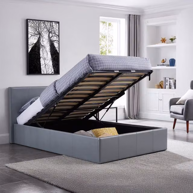 Luna Siesta Grey Faux Leather Upholstered Double Ottoman Bed with Gas Lift Storage, H: 88.5 cm x W: 140 cm x L: 203 cm