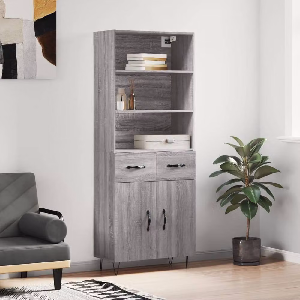 Berkfield Home Grey Sonoma Highboard with Hinged Doors and Internal Shelves, W/D/H: 69.5 x 34 x 180 cm – 2