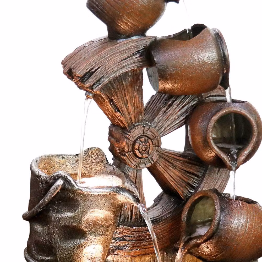 Primrose Santana Cascading Bowls Windmill and Bucket Water Feature with Lights in Brown, Height: 61 cm – 5