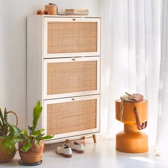 sweeek White Boho Shoe Cabinet with 3 Drawers and Rattan Wood Decor, H 75.0 cm x W 131.0 cm x D 18.0 cm