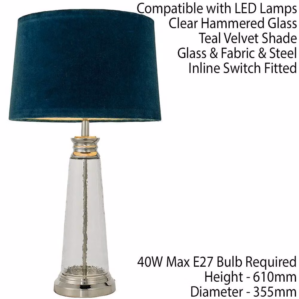 Loops Luxury Table Lamp with Textured Hammered Clear Glass and Teal Velvet Fabric Shade – 2