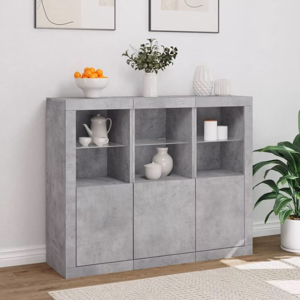 Berkfield Home 3-Piece Sideboard Set with LED Lights in Concrete Grey, MDF and Glass – 3