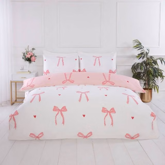 Rapport Home Reversible Microfibre Duvet Cover and Pillowcase Set with Graphic Bows in Pink and Green, W/D/H: 200 x 200 cm and 50 x 75 cm