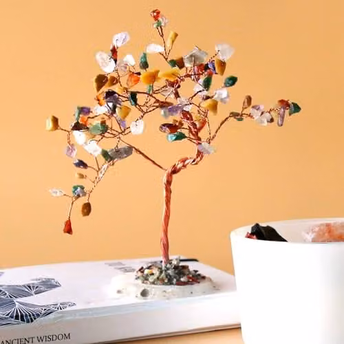 KDMD Large Gemstone Bonsai Tree with 100 Multicolour Stones on a Natural Agate Base