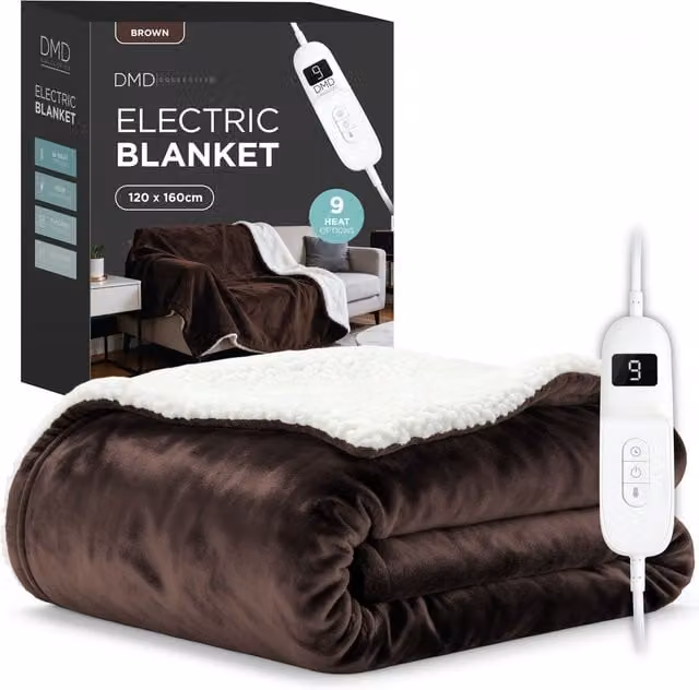 DMD Collective Heated Electric Blanket Throw in Brown with Fleece and Sherpa, 9 Heat and Timer Settings, W/D/H: 120 x 160 cm, Machine Washable – 1
