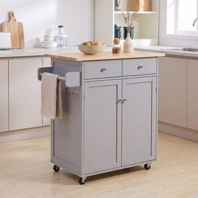 STILVORA Grey Modern Kitchen Cart with Rubberwood Drawers and Storage Hooks