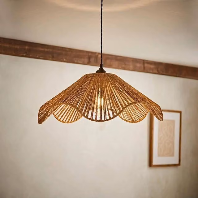 FORGEVIO Natural Rattan and Rope Wave Pendant Light in Brown with Bulb Included