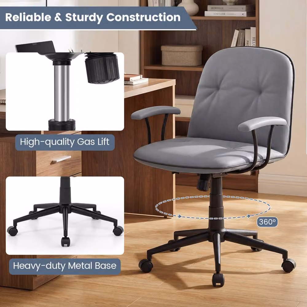 Costway Grey PU Leather Swivel Home Office Task Chair with Armrests and Castors – 6