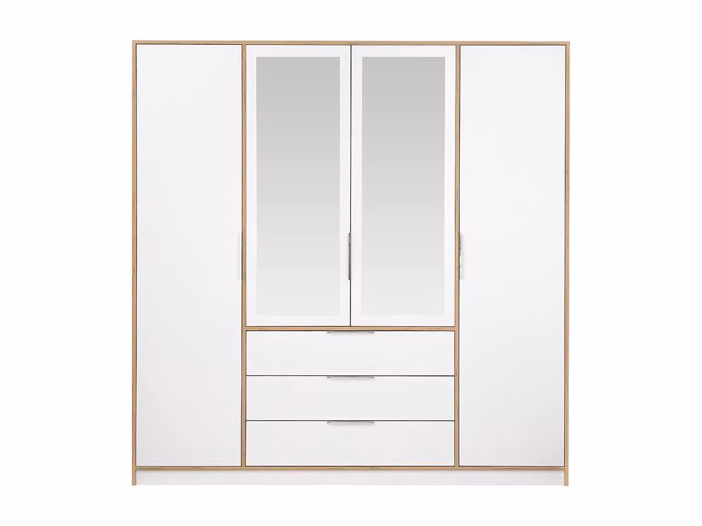 Vente-unique Modern 4-Door and 3-Drawer Wardrobe with Mirrors in White, Width: 196 cm – 2