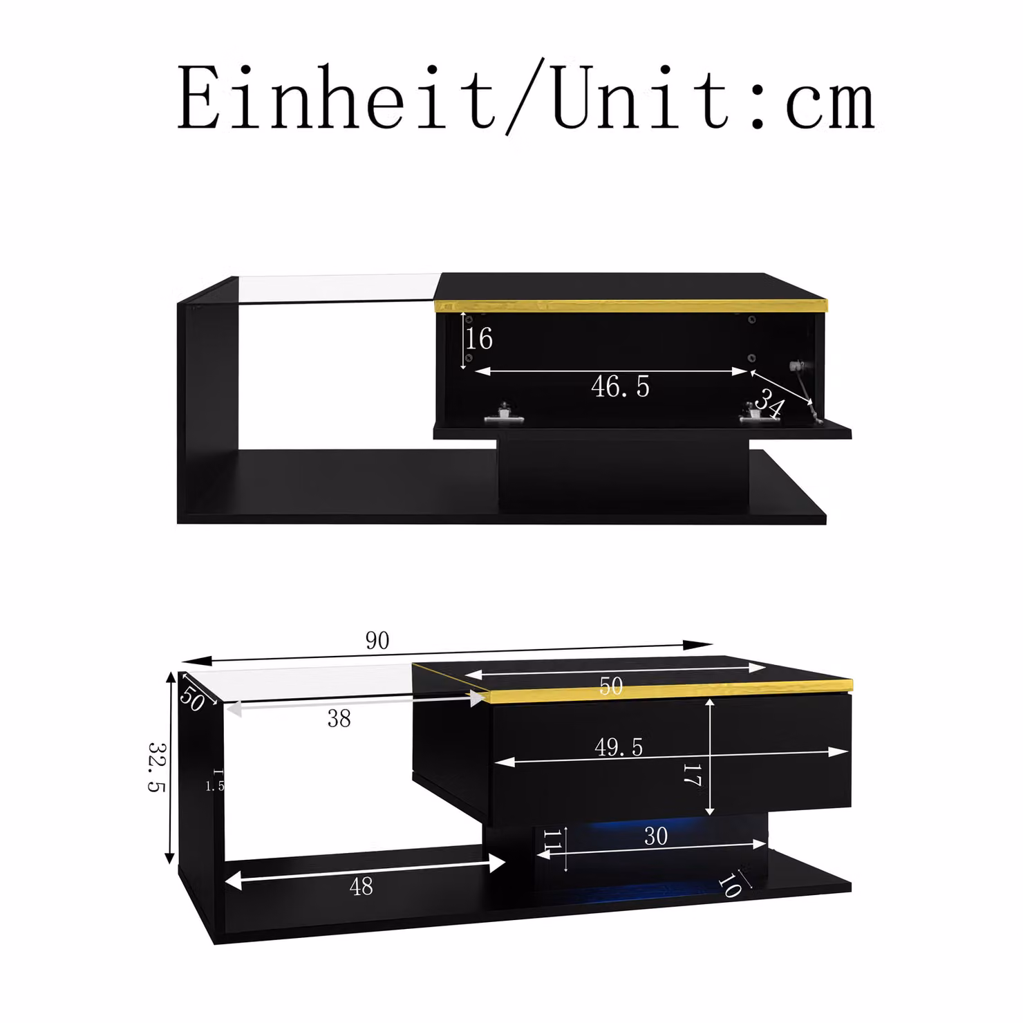 Aosom UK High-Gloss Black Rectangular Coffee Table with Tempered Glass Top and LED Lighting, W: 90 cm, D: 50 cm, H: 32.5 cm – 3