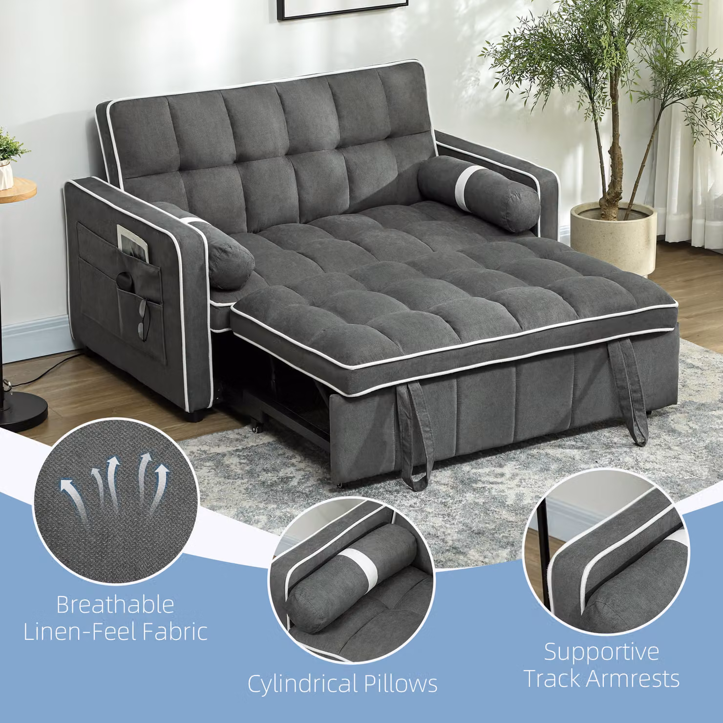 HOMCOM Two-Seater Linen-Look Sofa Bed in Charcoal Grey with Scatter Cushions – 6
