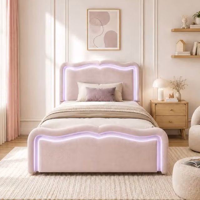 Merax Pink Velvet Single Ottoman Bed Frame with LED Under-Bed Lighting and Hydraulic Lift-Up Storage, W/D/H: 90 x 190 x 32 cm