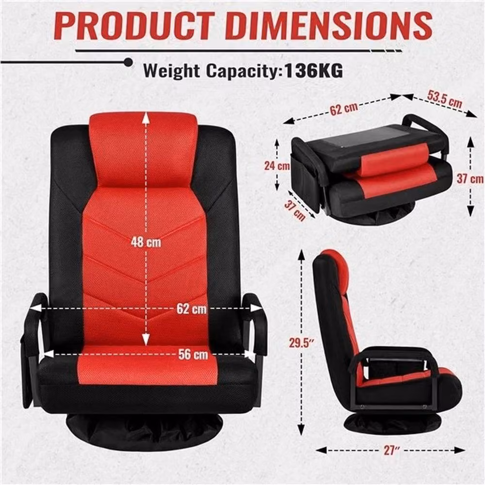 KORVIXA Black and Red Reclining Swivel Floor Gaming Chair with Headrest and Armrests, W/D/H: 100 x 100 x 100 cm – 2