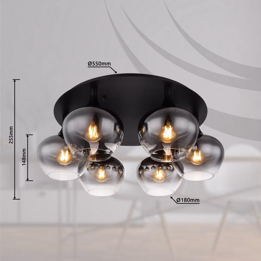 Netlighting Maxy Globe Ceiling Light in Matt Black with Grey Smoke Glass Shade, 6x E27 – 4
