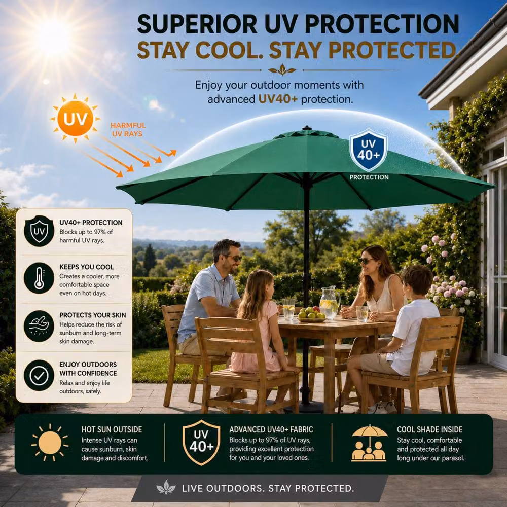 Glamhaus Green Garden Table Parasol with Crank Handle and UPF 50+ Protection, Diameter: 270 cm – 4